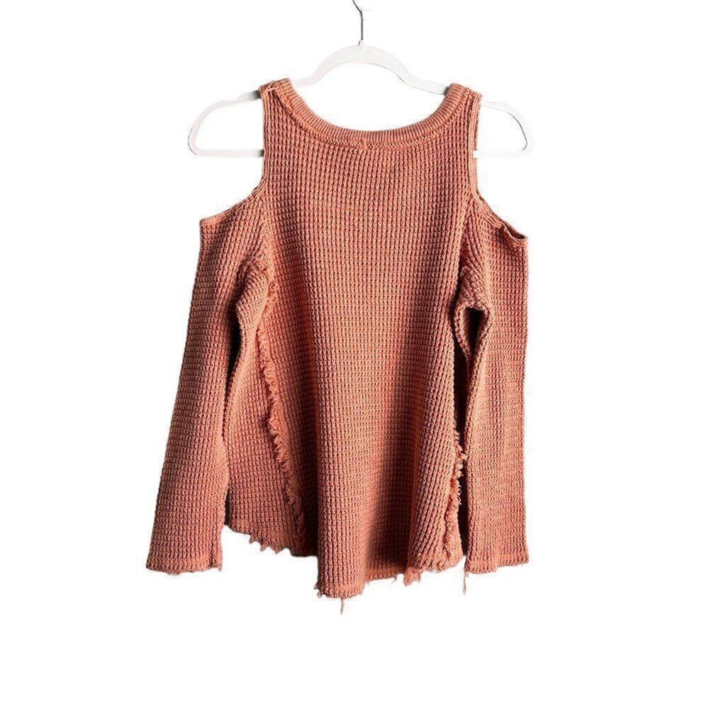 Free People Sunrise Cold Shoulder Sweater Women's S Coral Raw Hem Oversized - Picture 3 of 9